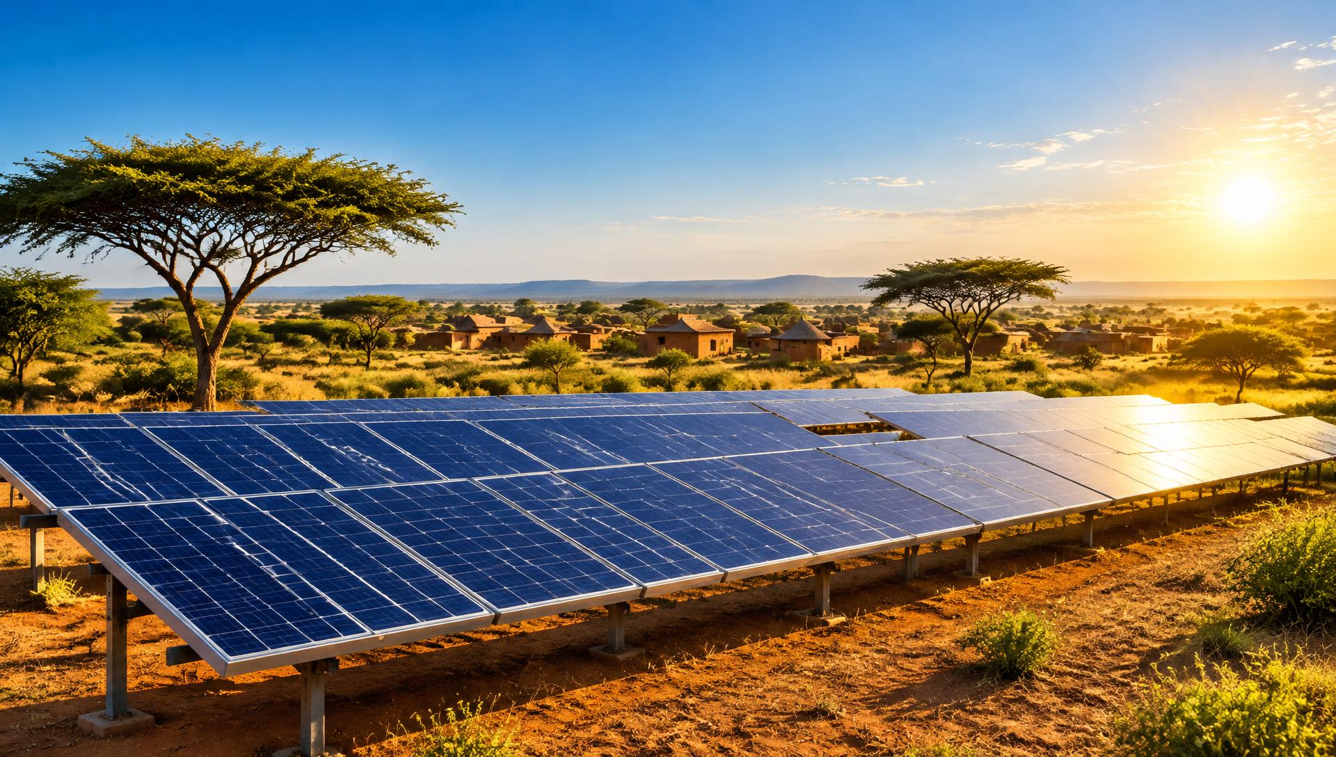 Champ de panneaux solaires au coucher du soleil au Mali